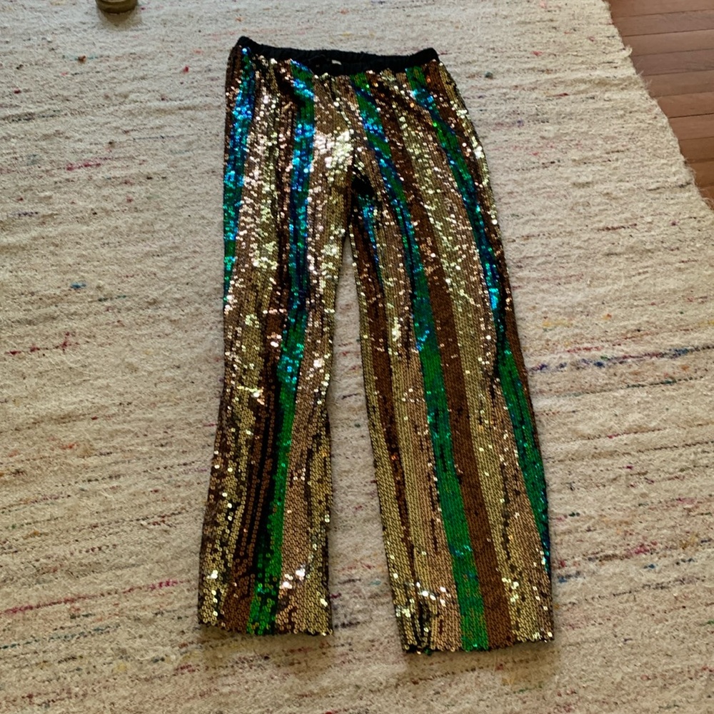 Wildly sequined FP pants,Sz Medium.Vertical stripes are golds and green.